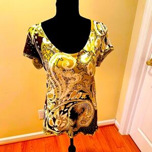 Cache gorgeous beige and brown with gold detailing short sleeve top M like new